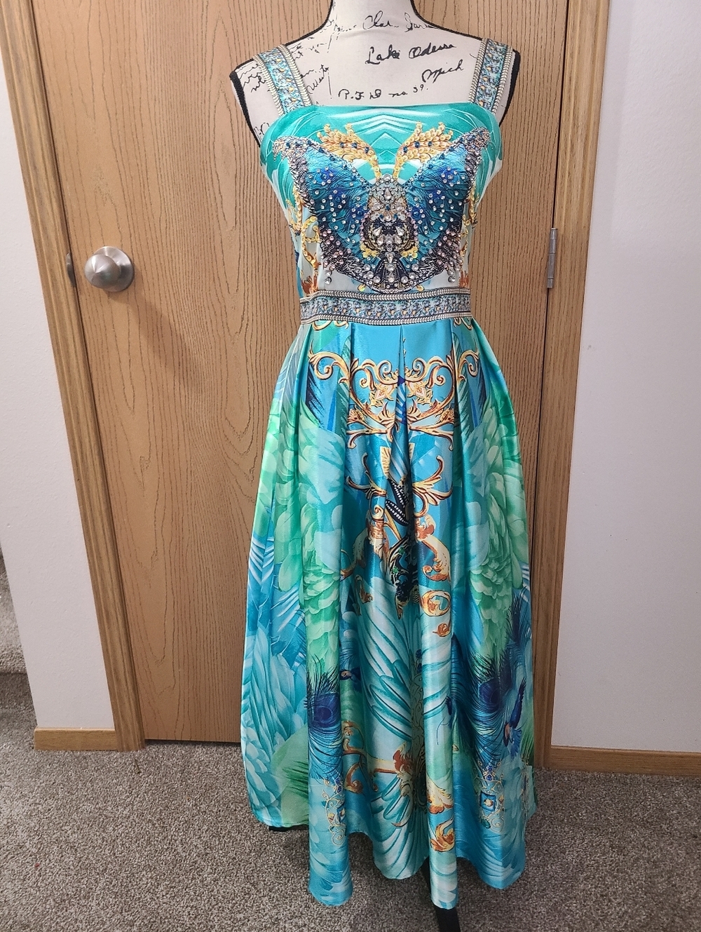 Satin Peacock Butterfly Bird Rhinestone Formal Wedding Guest Cocktail Midi Dress